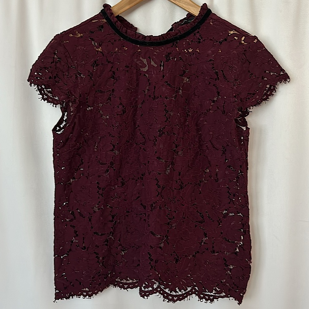 White House Black Market Wine Lace Velvet Short Sleeve Shirt Blouse Top **Sz S** - Picture 1 of 4